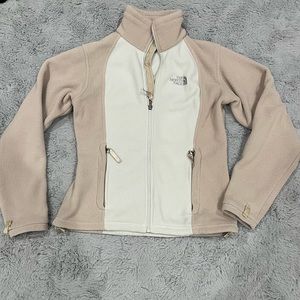 Tan and white North Face fleece zip up jacket